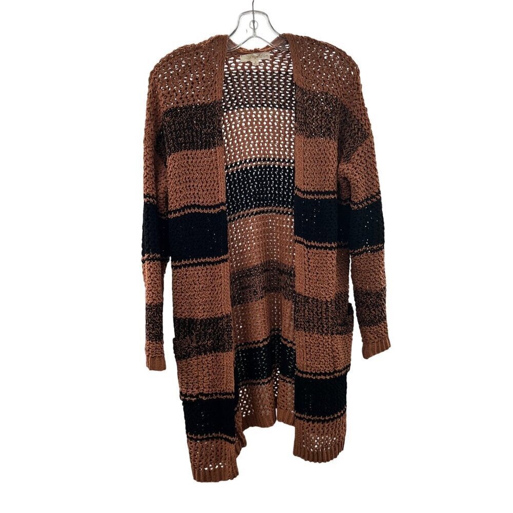 Rewind Women's Open Knit Cardigan Brown/Black Stripe Open Front Size Medium